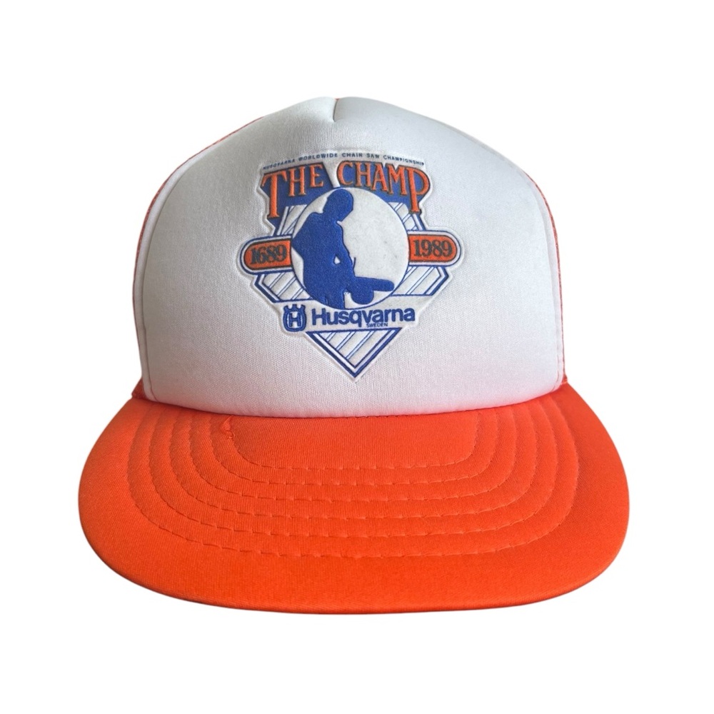 Husqvarna “The Champ” Chainsaw Vtg White & Orange Foam Mesh Back Trucker Hat